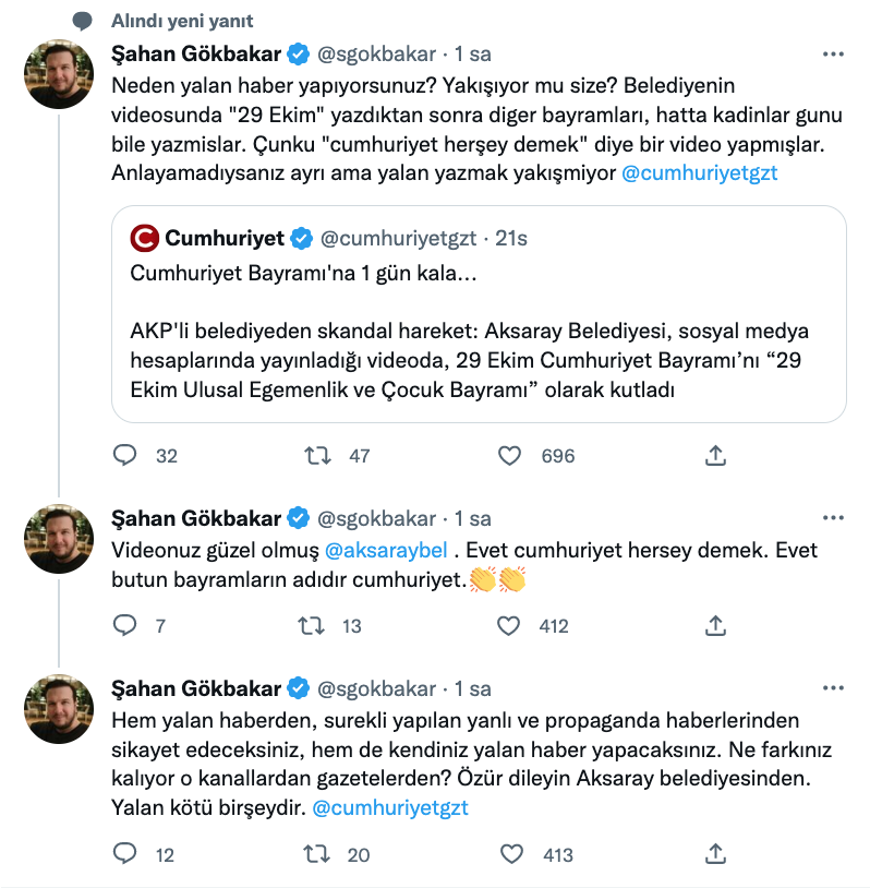 sahan gokbakar dan cumhuriyet gazetesinin aksaray belediyesinin 29 ekim paylasimiyla ilgili haberine tepki